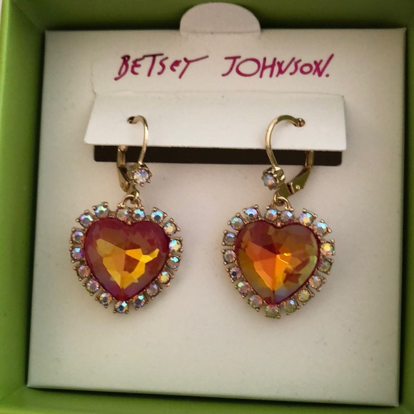 Betsey Johnson Gold Tone Pink Heart Drop Earrings Iridescent Crystal Accents NIB - Picture 2 of 11